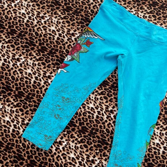 y2k rhinestone turquoise capri leggings - Picture 2 of 7